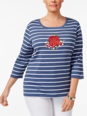 Karen Scott 3/4 Sleeved Blue & White Apple Embellished Blouse Size L